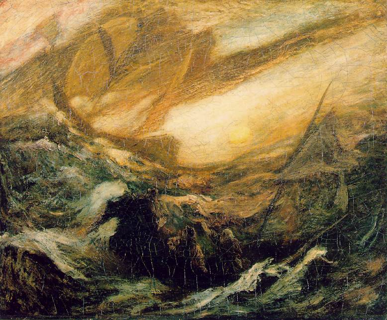 a small tattered sailing vessel on misty broiling seas with occupants looking up at a huge ghostly ship bearing down on them