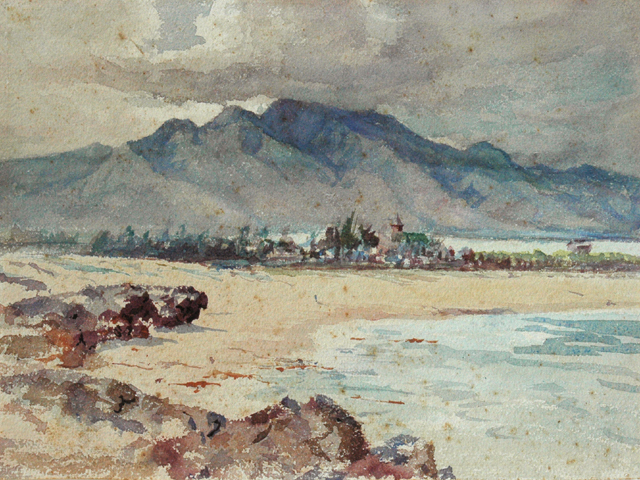 File:'Beach with Blue Mountain (Haleiwa)', watercolor painting by D. Howard Hitchcock, Cedar Street Galleries.jpg