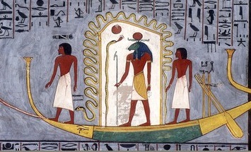 Ra traveling through the underworld in his barque, from the  Book_of_Gates_Barque_of_Ra_cropped