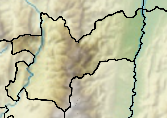 Mapa konturowa Caldas, po lewej nieco na dole znajduje się punkt z opisem „Manizales”