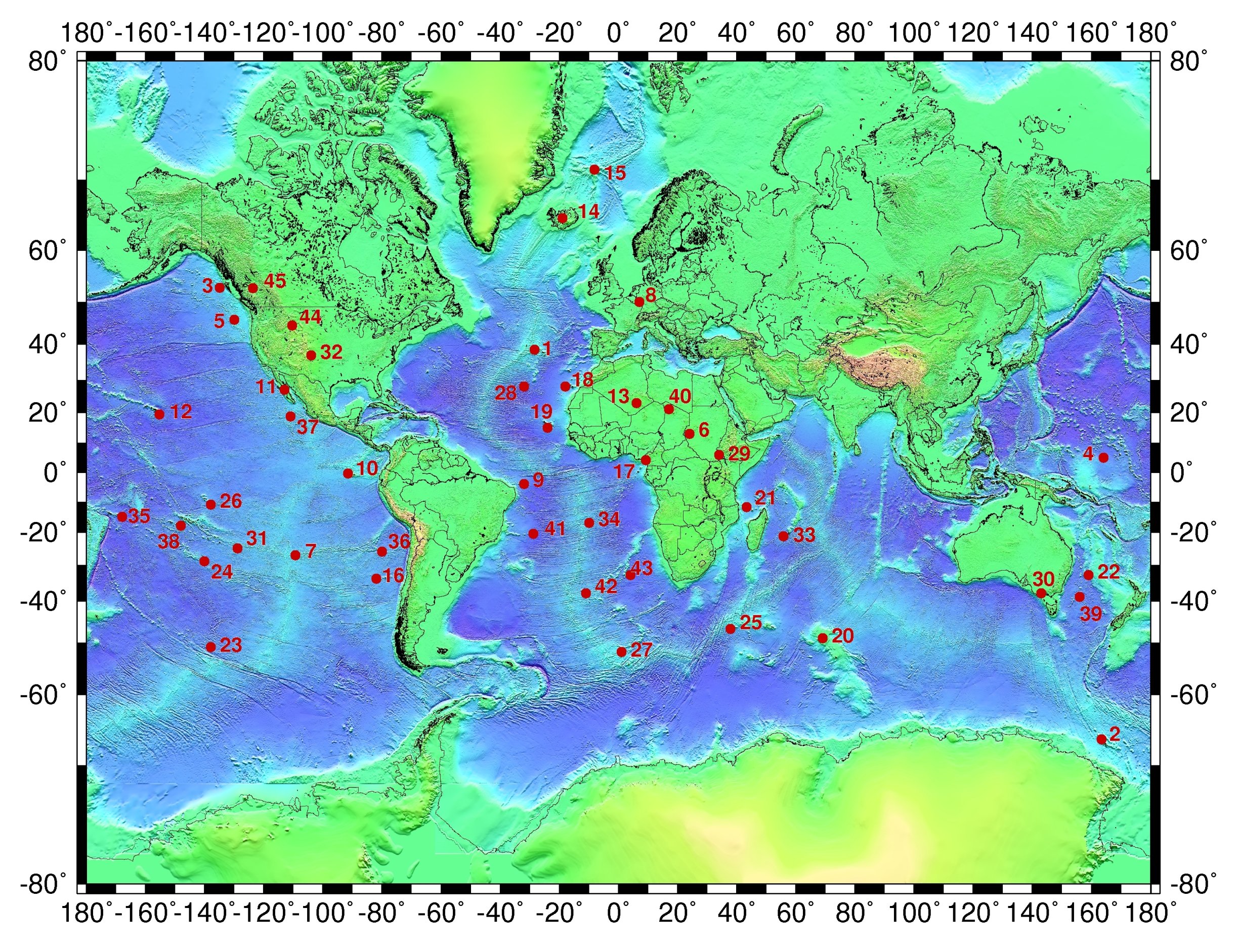 English: global distribution of 45 identified ...