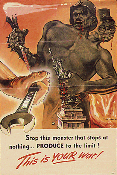 Telle qu'illustrée par cette affiche du Bureau d'Information sur la Guerre du gouvernement américain, la propagande joua un rôle important dans la mobilisation des populations.