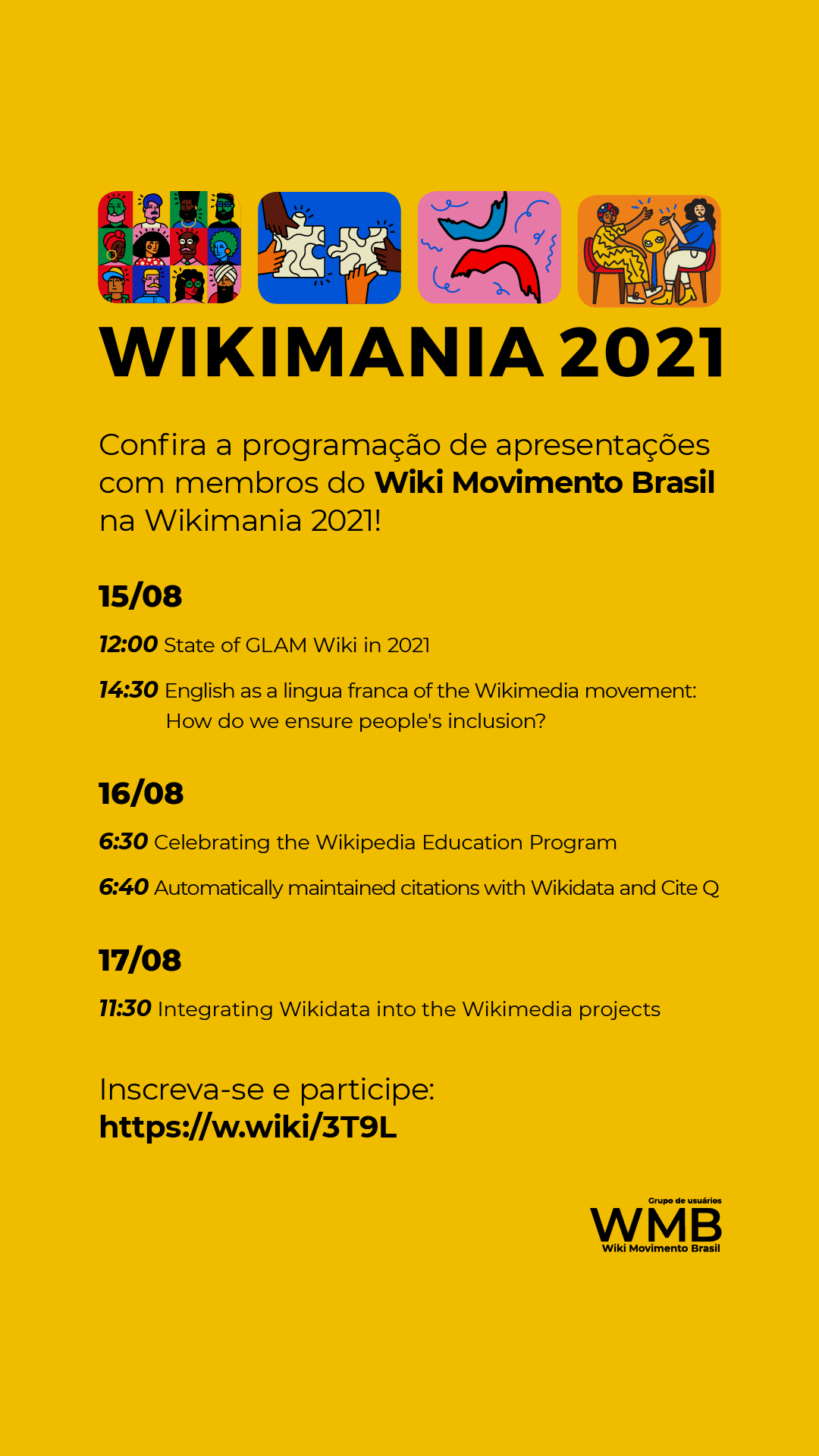 Arte de divulgação para o Wikimania 2021 - versão Post Instagram Story
