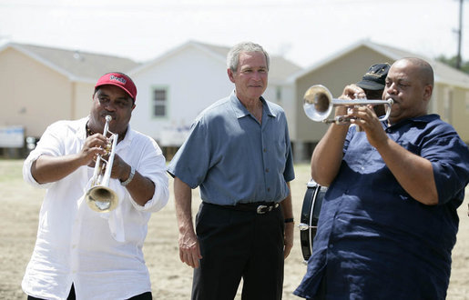File:George W Bush with two trumpeters, Musicians Village, New Orleans August 2006.jpg