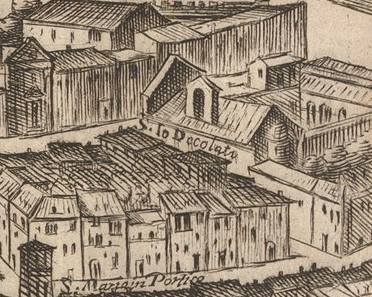 San Giovanni Decollato (här benämnd S. Io Decolato) på Antonio Tempestas vy över Rom från år 1593.