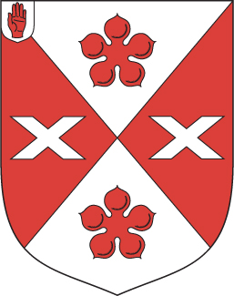 Coat of arms of the Agnew baronets (1895) with the badge of a Baronet of the United Kingdom (Red Hand of Ulster) in canton