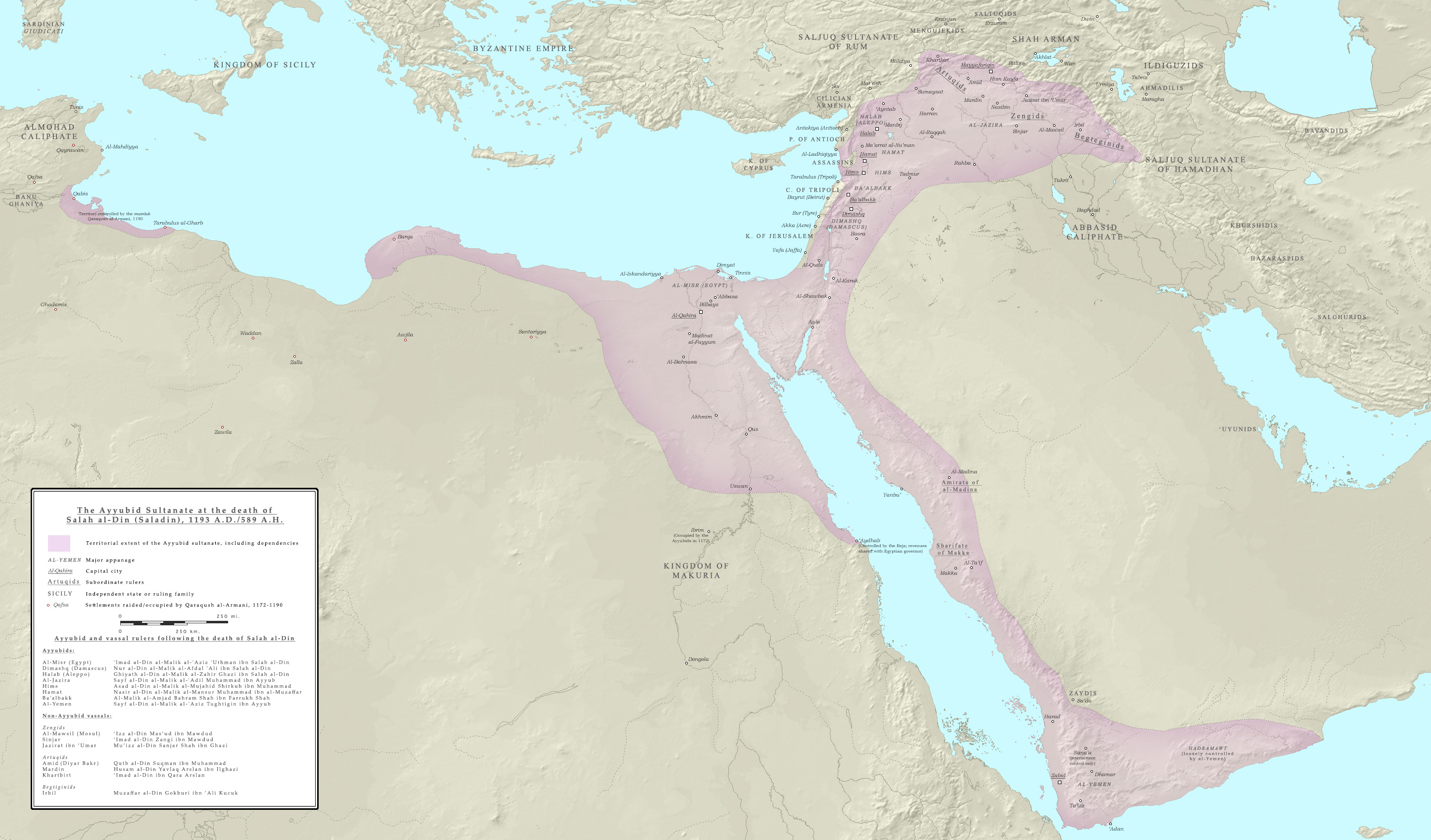 Ayyubid Sultanate (in pink) at the death of Saladin in 1193