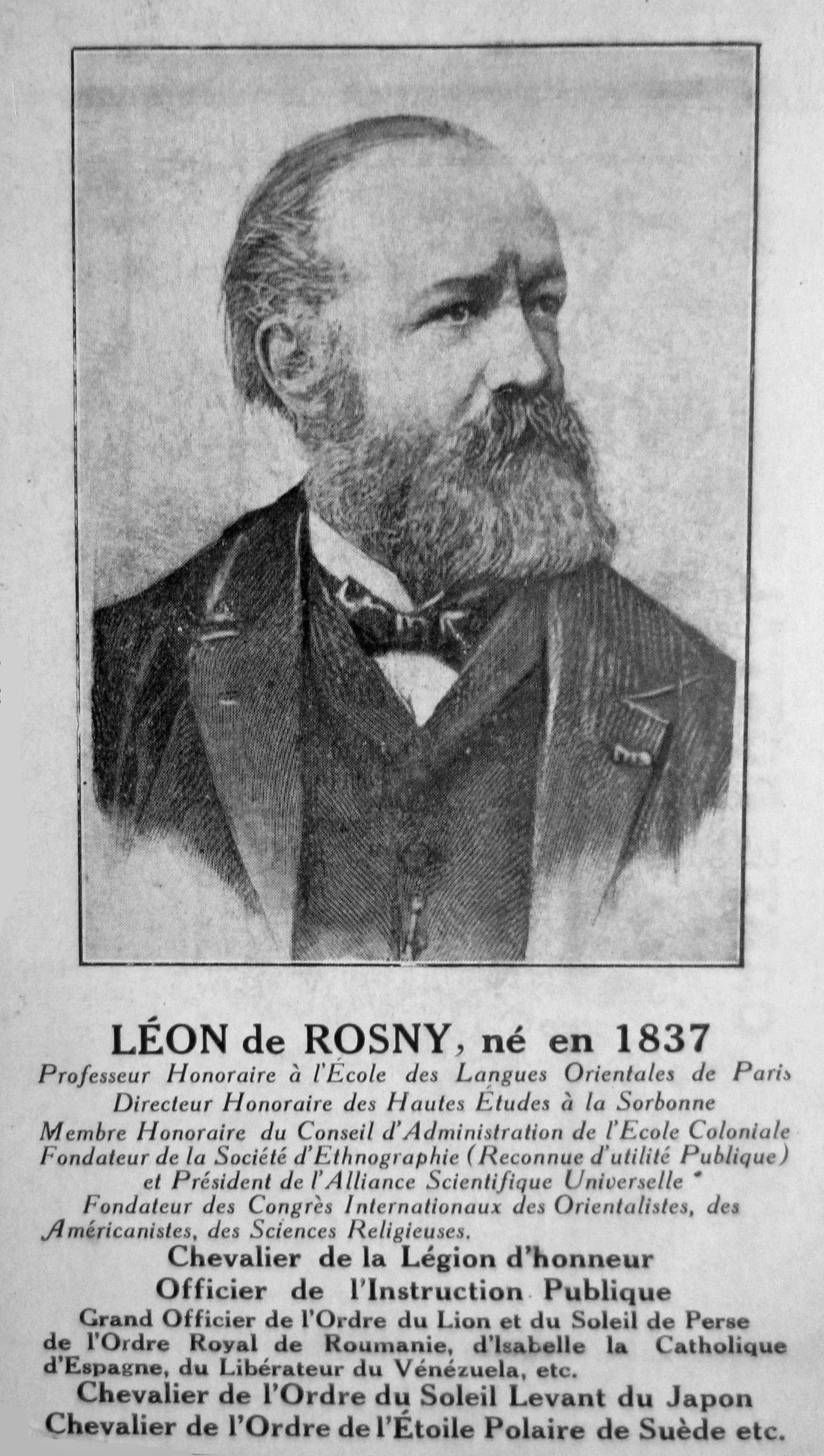 Foto de un grabado en blanco y negro (ca 1895); tamaño 7x13 cm; retrato de León de Rosny