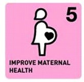 Logo carré rose qui représente un dessin minimaliste blanc et noir de femme enceinte. Un cœur se situe dans le ventre de la femme, à la place du fœtus. On peut lire en bas du logo : "improve maternal health".