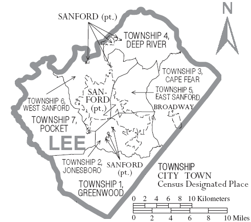 Map of Lee County, North Carolina, with municipal and township labels