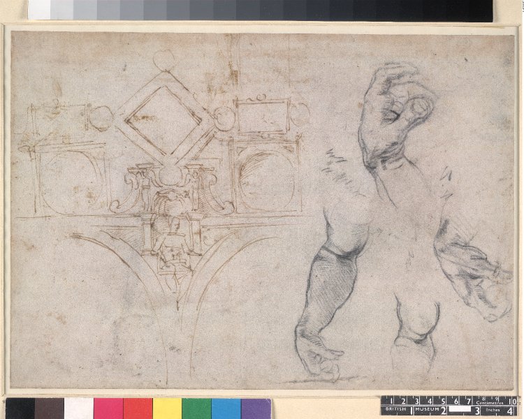 File:Michelangelo - A scheme for the decoration of the vault of the Sistine Chapel; studies of arms and hands. 1508, 1859,0625.567.jpg