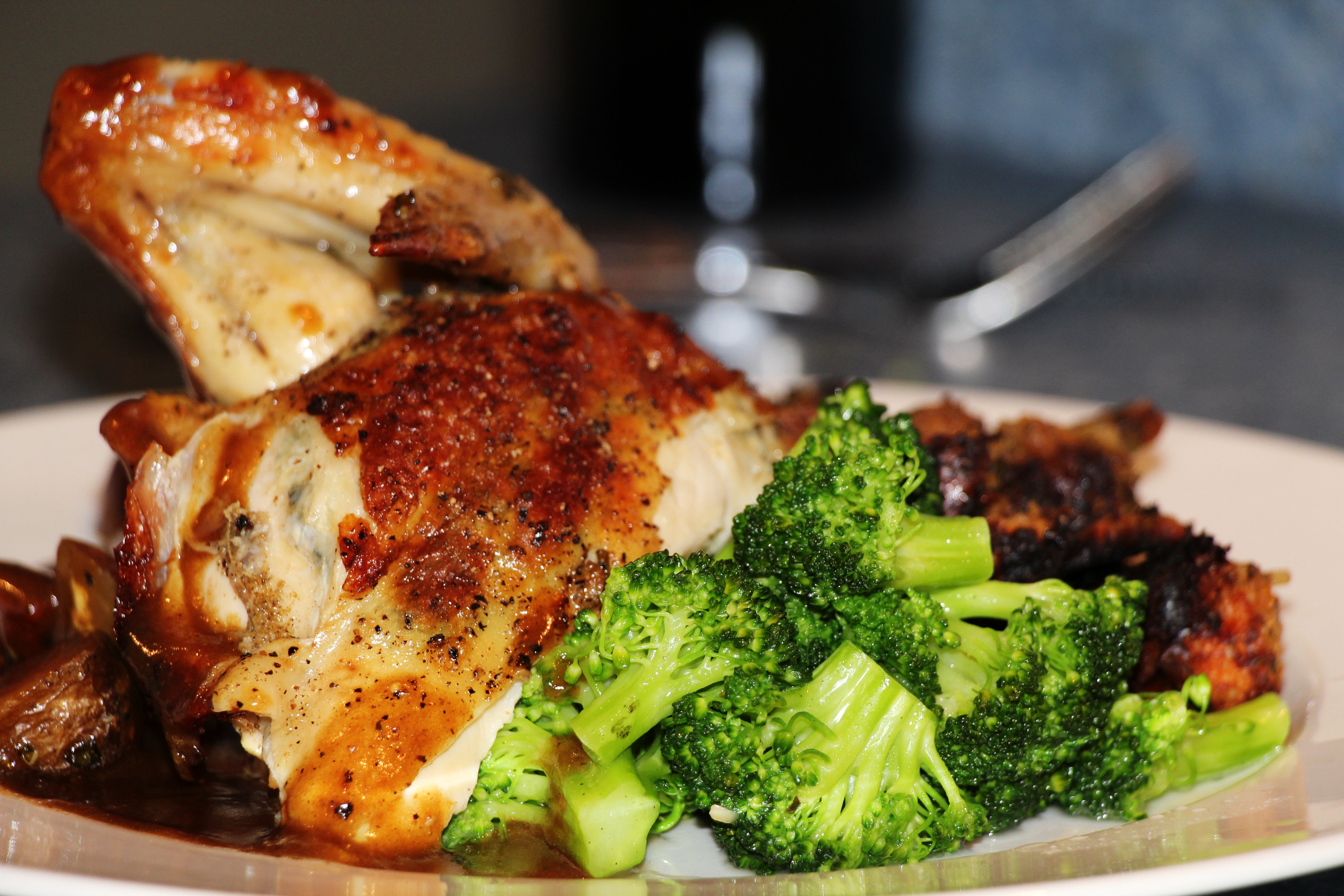 Roasted Chicken Dinner Plate, Broccoli, Demi Glace