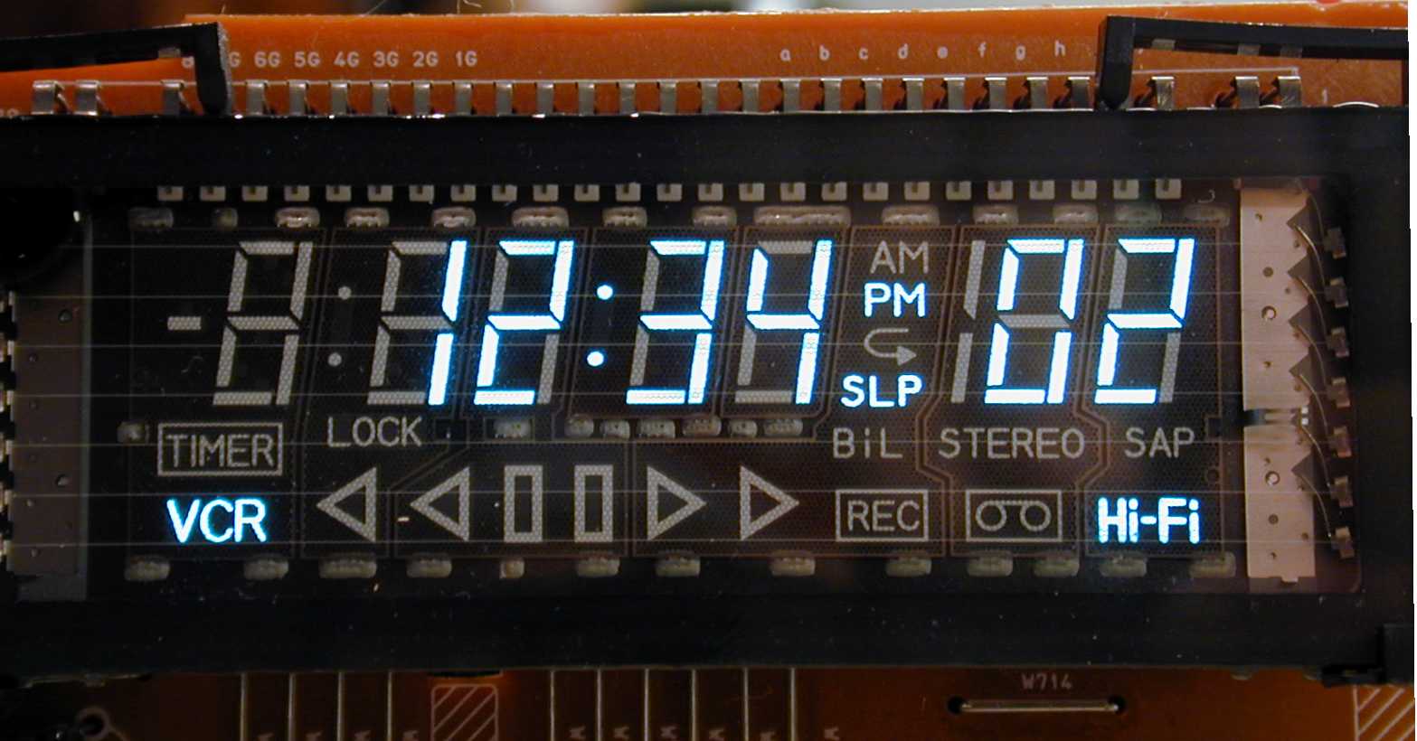 A full view of a typical vacuum fluorescent display used in a videocassette recorder