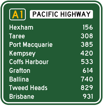 Les principales villes longeant la Pacific Highway à partir de Sydney.