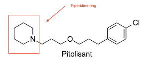 Estructura química de Pitolisant.  El nuevo farmacóforo contiene compuestos distintos de imidazol, en el caso de Pitolisant, un anillo de piperidina.