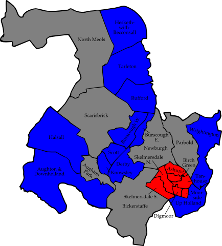 Map of the results of the 2008 West Lancashire council election. Conservatives in blue and Labour in red. Wards in grey were not contested in 2008.