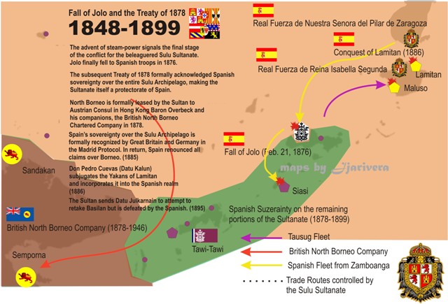 The Madrid Protocol in 1885 making North Borneo under the control of the British North Borneo Company while the Sulu Archipelago and the rest of the Philippine islands was under the control of the Spanish East Indies.