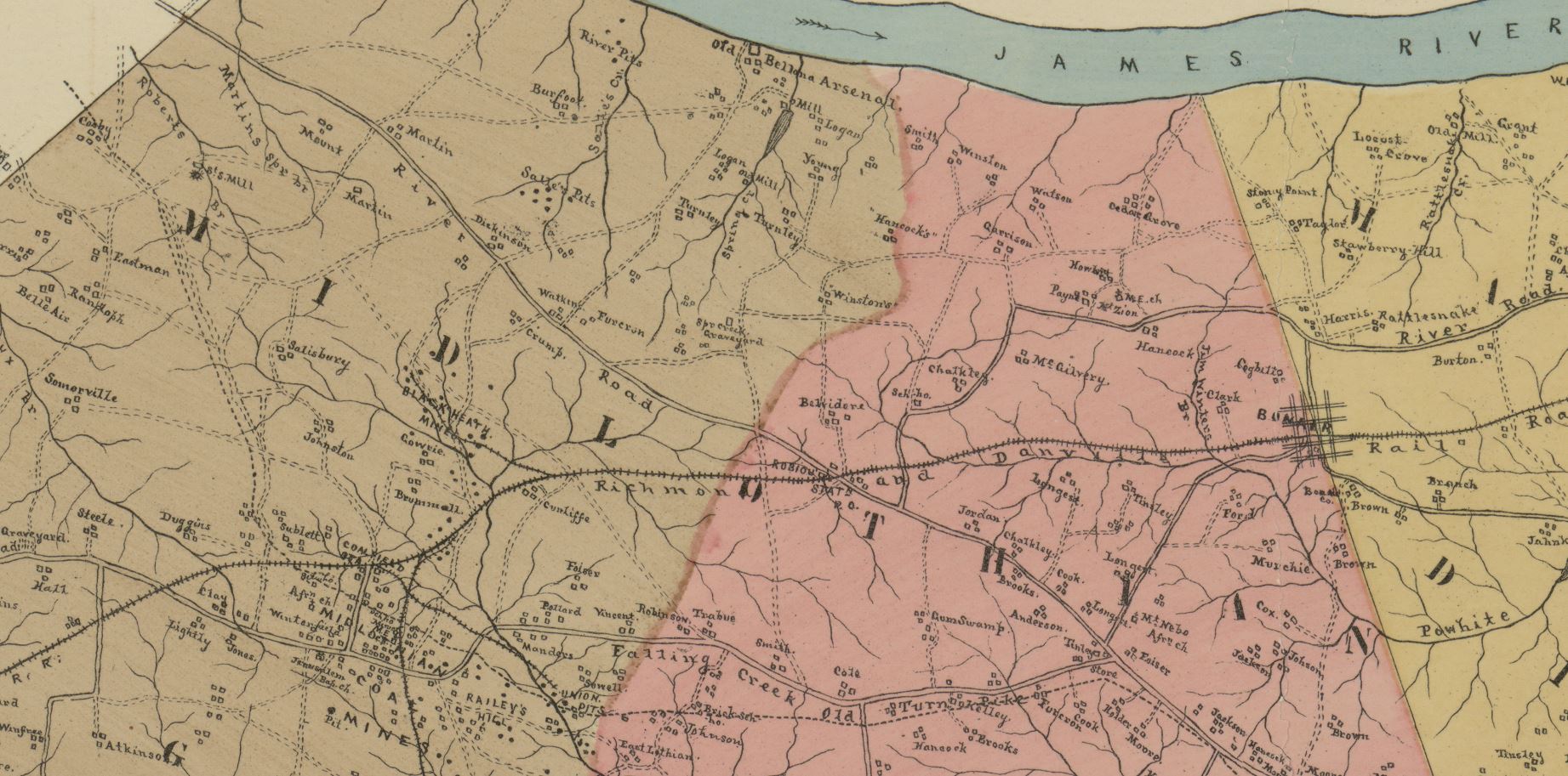 Diese Karte von 1888 zeigt den Standort der Black Heath-Minen südlich der heutigen Robious Road östlich des Salisbury House zwischen der Coalfield Station und der Robious Station auf der Eisenbahnlinie Richmond und Danville.