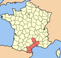 Карта Францыі з выдзеленым рэгіёнам Лангедок — Русільён