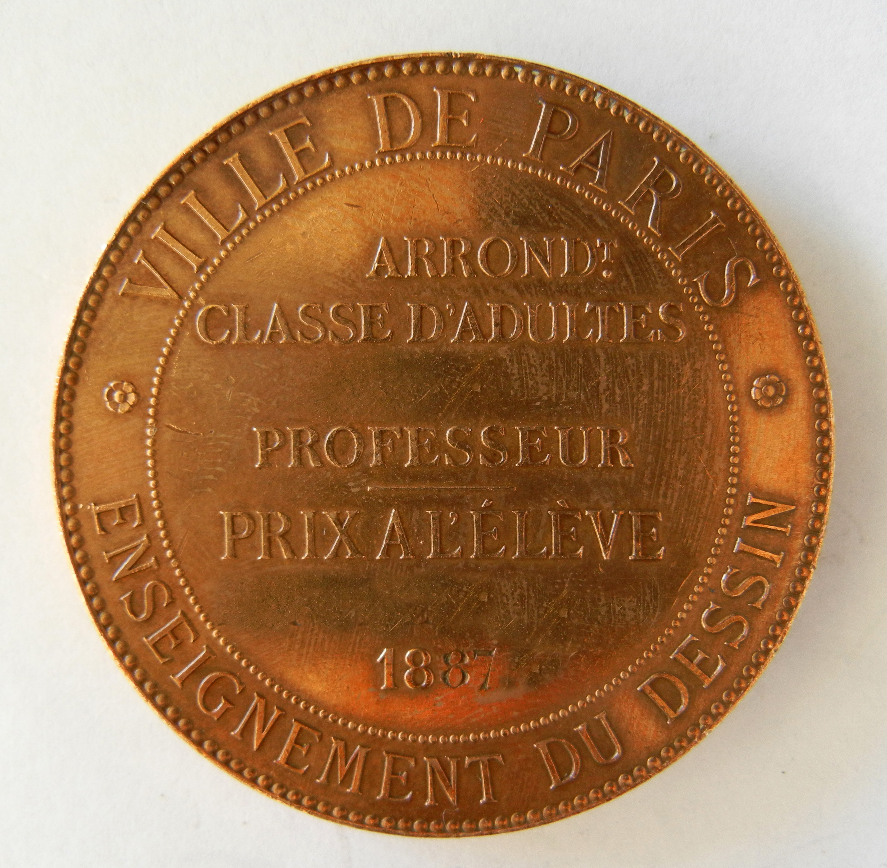 Medal of teaching art in the adult classes boroughs of the City of Paris  Jean Lagrange (1831-1908). Médaille de l'enseignement du dessin dans les  classes d'adultes des arrondissements de la Ville de