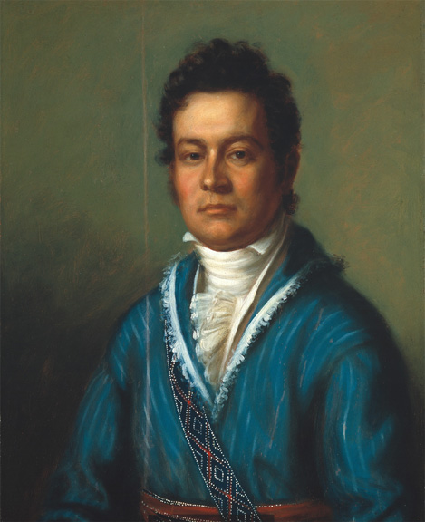 In this 1825 portrait by Charles Bird King, David Vann (later Treasurer of the Cherokee Nation) wears a fingerwoven sash and shoulder strap