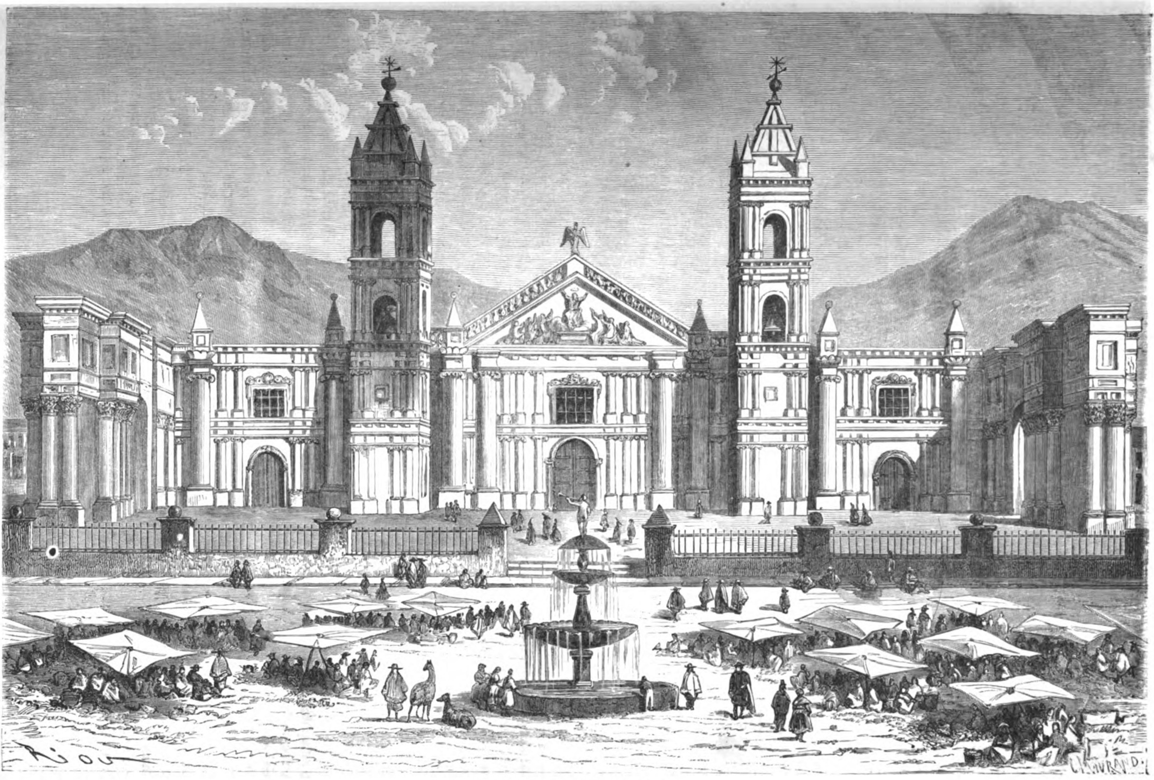 Grabado que representa a la [[Catedral de Arequipa