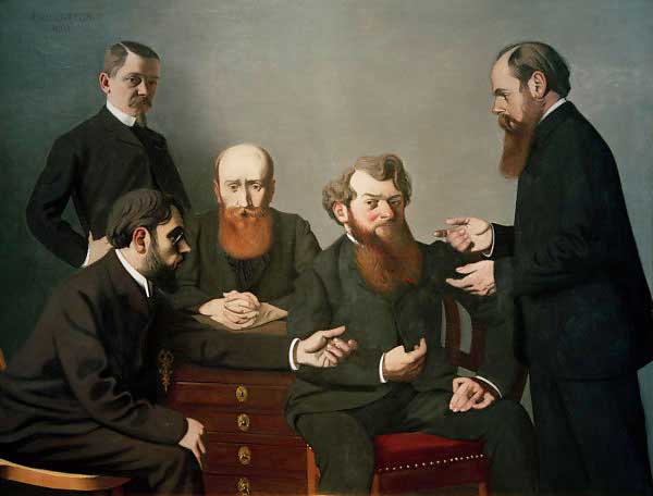 ''Cinq peintres'' ("Cinco pintores"), 1902-1903. De izquierda a derecha, de pie, el autor (Félix Vallotton), sentados, [[Pierre Bonnard