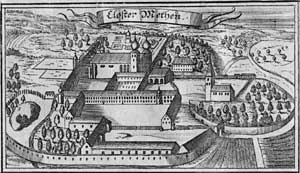 Engraving of Metten Abbey from the "Churbaierisches Atlas" of Anton Wilhelm Ertl, 1687 Ertl Metten.png