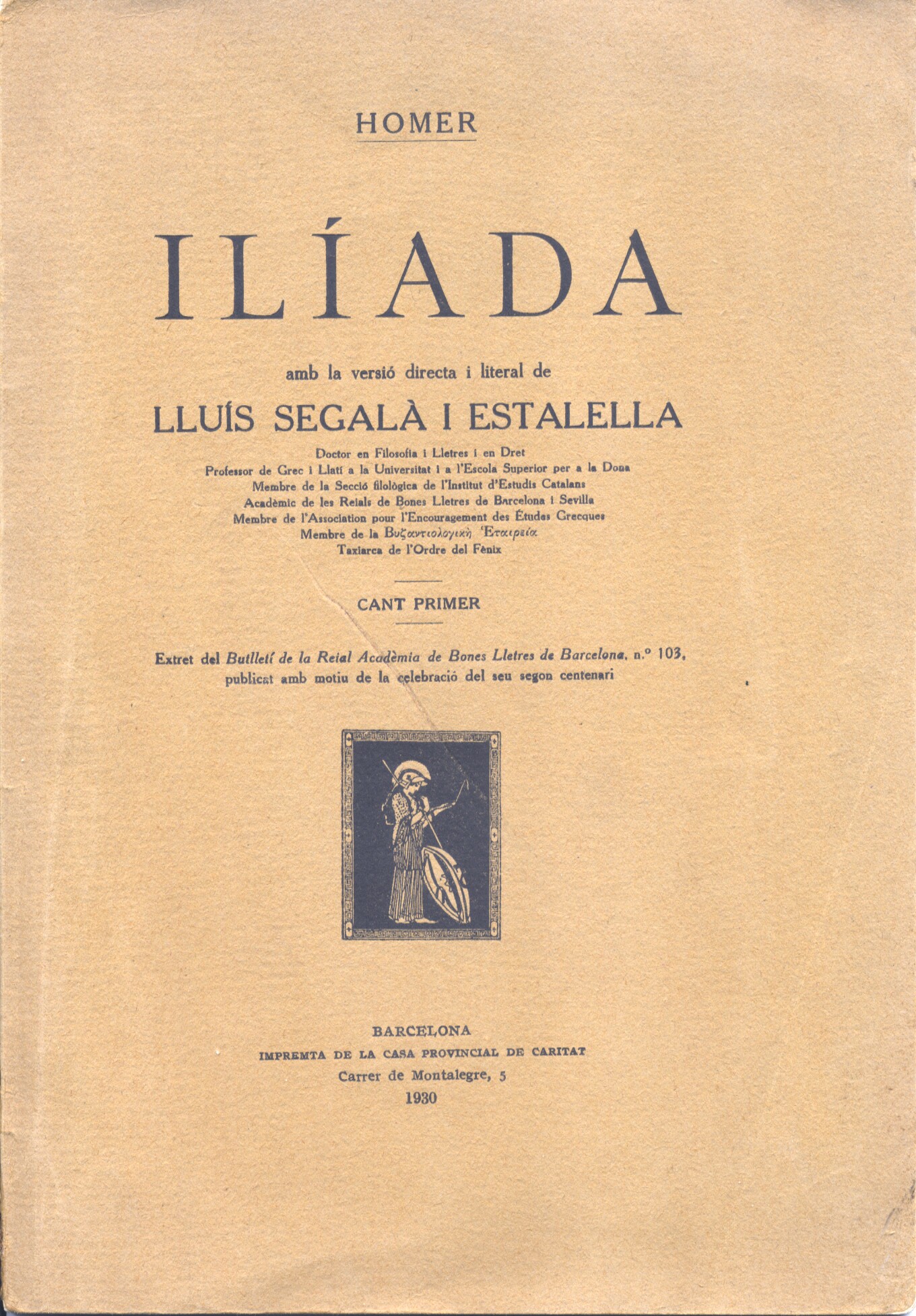 Portada de una edición de 1930 del primer canto de la ''Ilíada'' en traducción catalana de Segalá y Estalella.