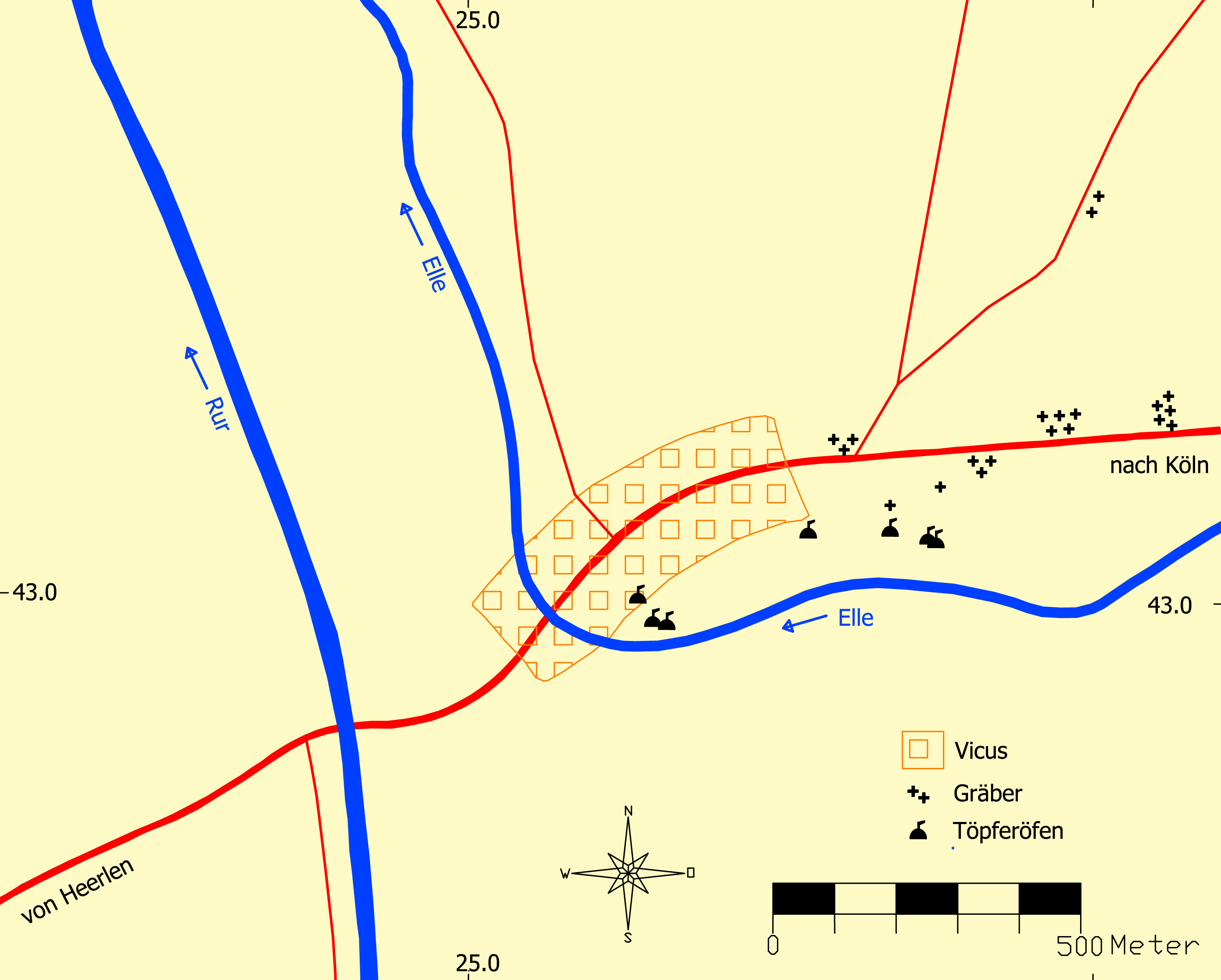 Schematisierte Darstellung des vicus iuliacum im 1-3. Jh. n.Chr.Umzeichnung nach Tholen (1975)