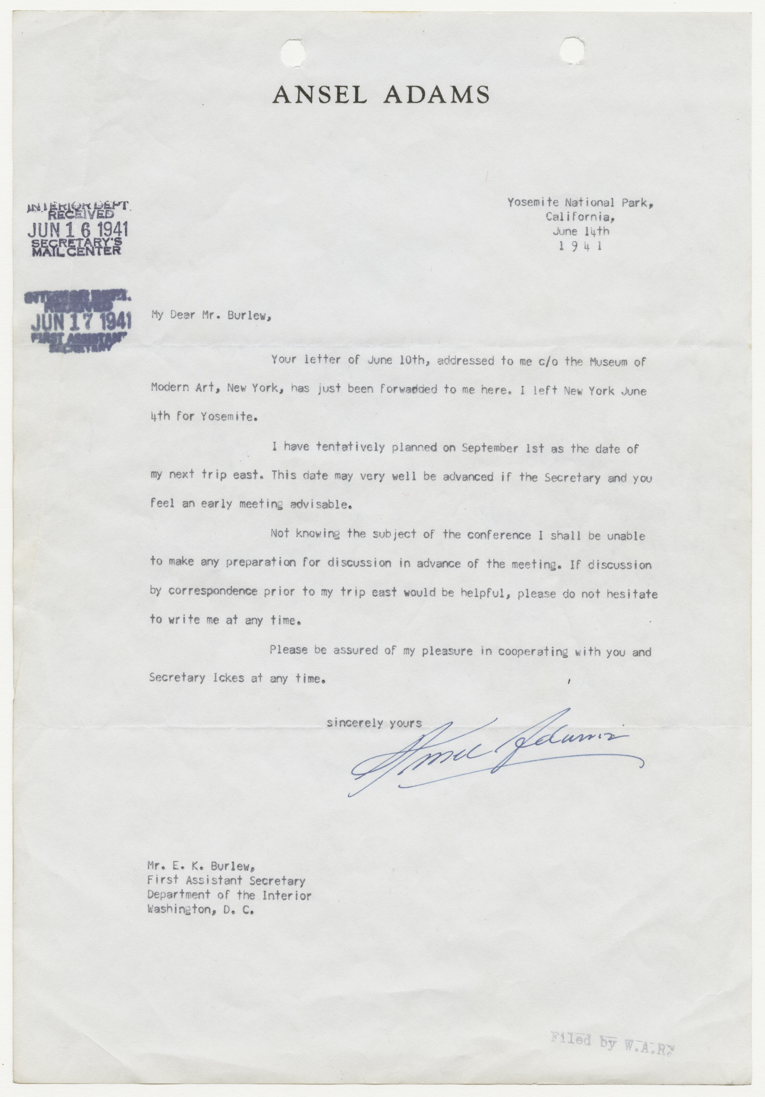File Letter From Ansel Adams To First Assistant Secretary Of