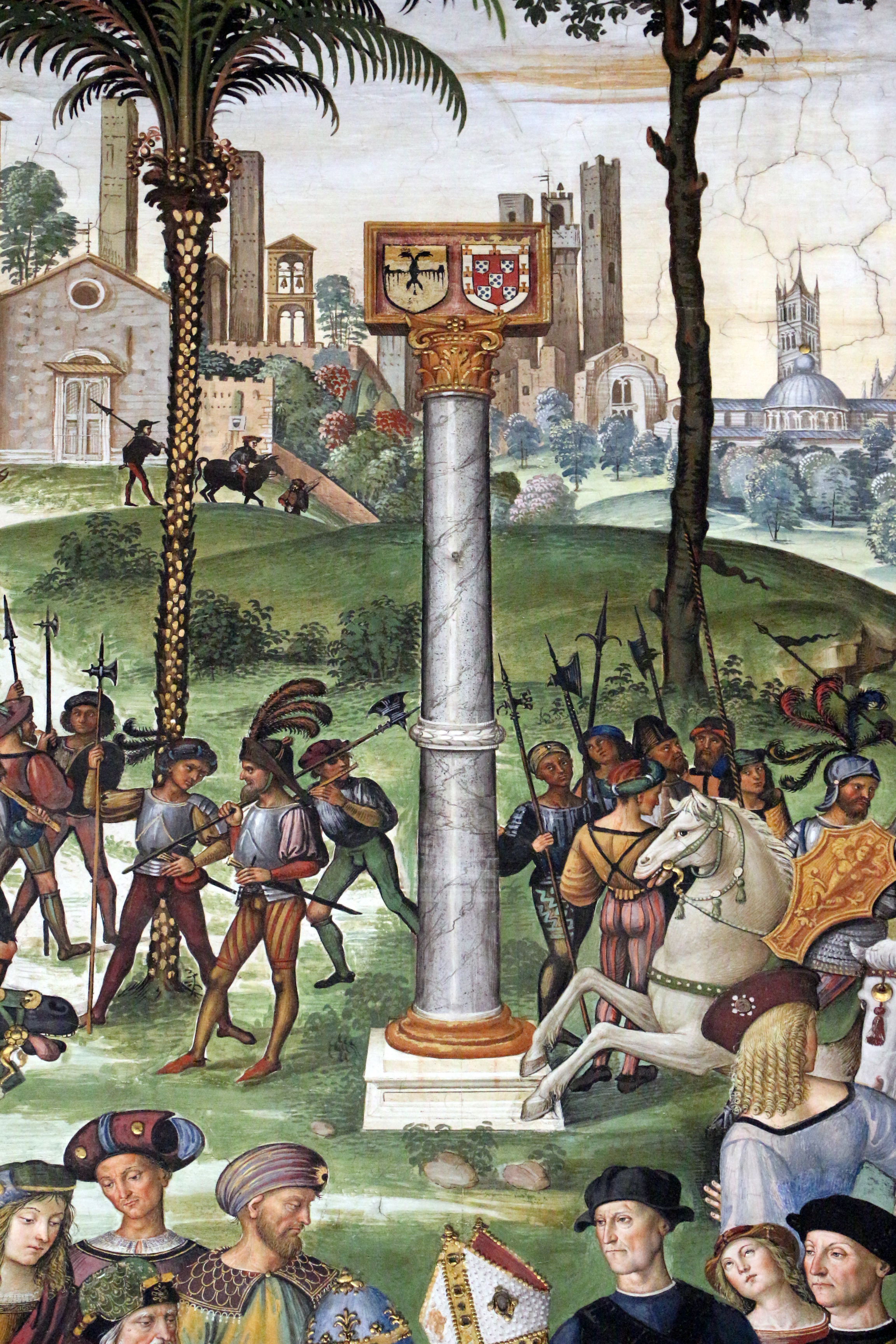 Pinturicchio, liberia piccolomini, 1502-07 circa, Enea Silvio, vescovo di Siena, presenta Eleonora di Portogallo all'imperatore Federico III 03 colonna del portogallo.JPG