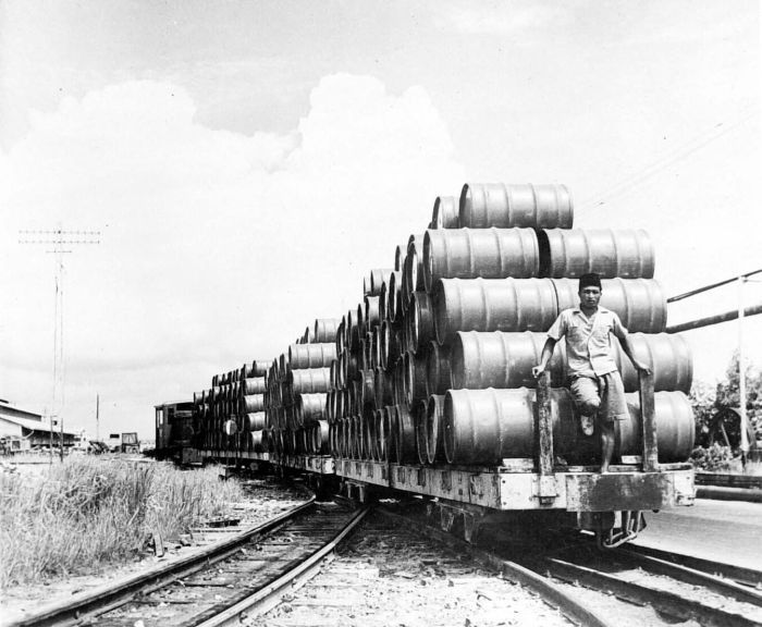 File:COLLECTIE TROPENMUSEUM Trein geladen met petroleumvaten verlaat de vatenfabriek TMnr 10006942.jpg