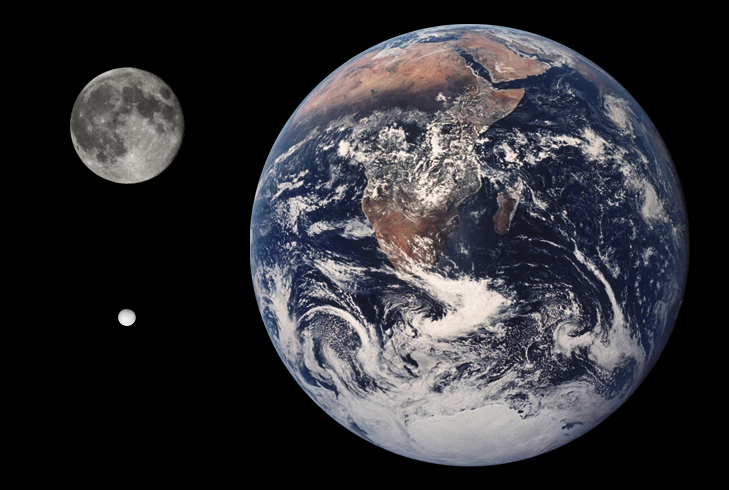 Size comparison of Earth, the Moon, and Enceladus