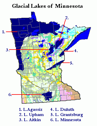 Present-day Minnesota, with proglacial lakes added in dark blue. Glacial lakes of Minnesota.GIF