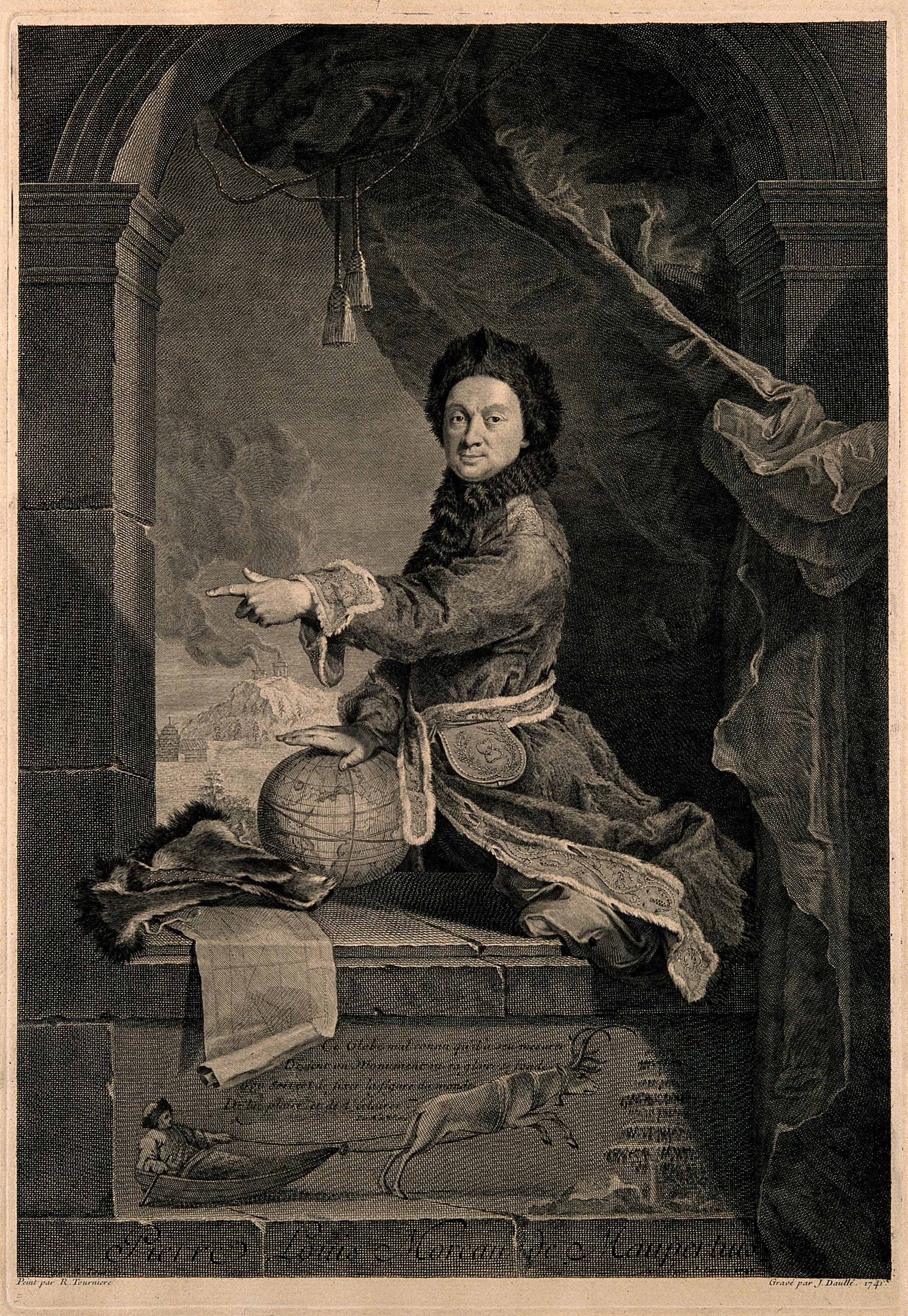 Maupertuis, wearing "''lapmudes''" from his Lapland expedition. With one hand he is pressing on the globe, making it oblate. Line engraving by J. Daullé, 1741, after [[Robert Tournières|R. Levrac-Tournières]], 1737.