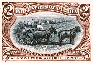 Bi-color essay for the $2 stamp (note: the Harvesting in the West vignette was ultimately reassigned to the 2¢ stamp and retitled "Farming in the West").