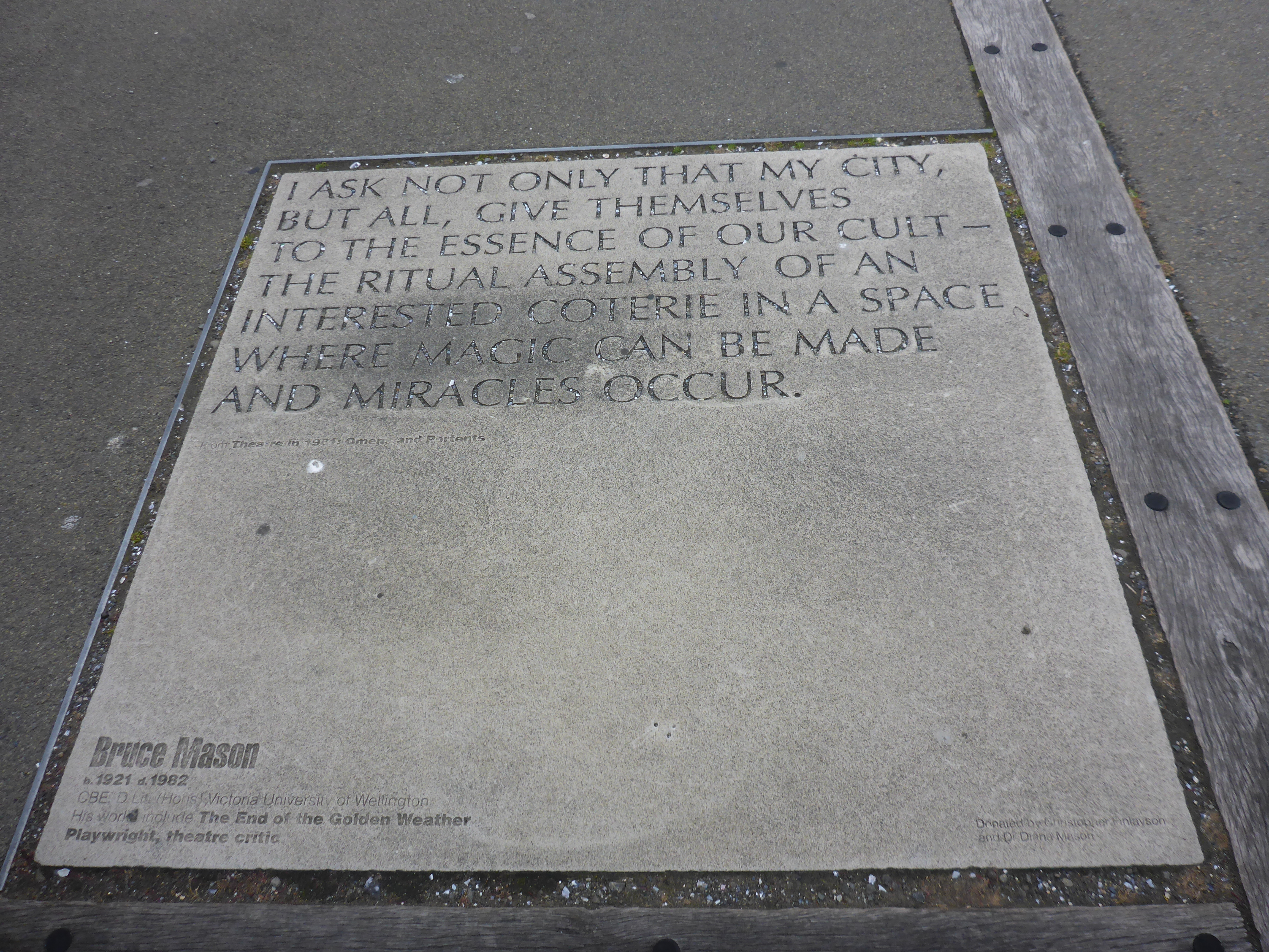 Public art featuring Bruce Mason's words.  Wellington Writers Walk