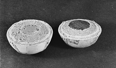 Halves of two baseballs; traditional cork-centered (left) and rubber-centered