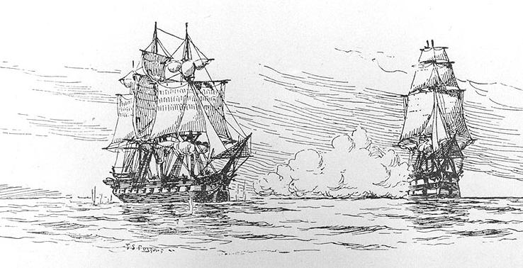 The incident between HMS "Leopard" and USS "Chesapeake" that sparked the Chesapeake-Leopard Affair. Drawn by Fred S. Cozzens and published in 1897.<br>