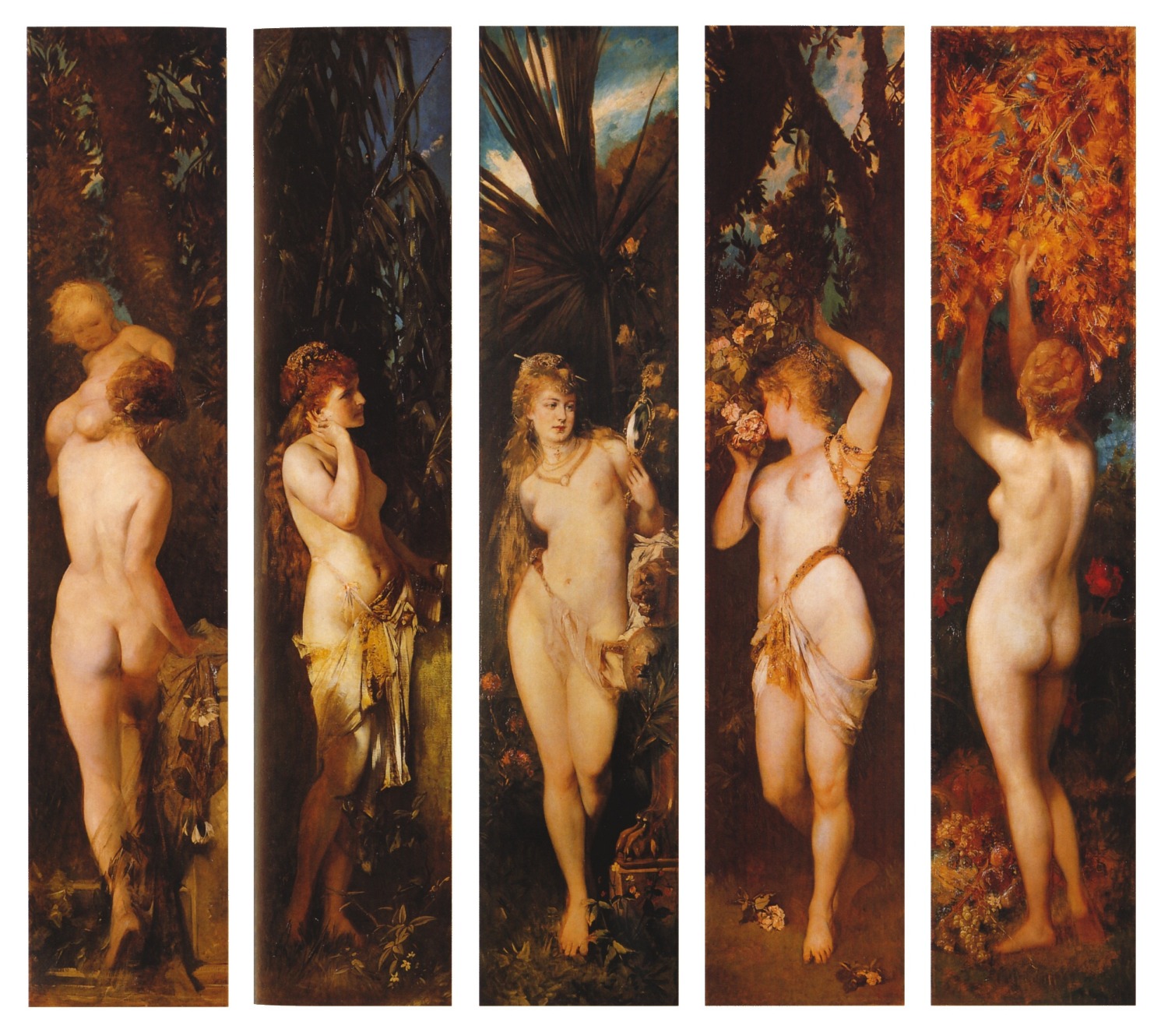 The five senses, painting by Hans Makart from 1872-1879: sense of touch, hearing, sight, smell, taste