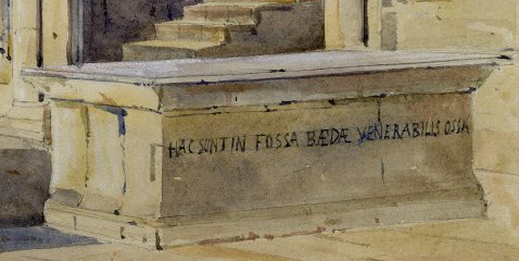 A detail of a watercolor by Augustus Hare showing the Latin Leonine verse inscribed on Bede's tomb. Leonine Verse on Bede's Tomb, painted by Augustus Hare.jpg