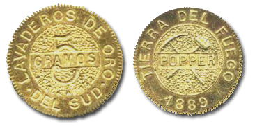 Moneda de oro de Popper de 5 g acuñada en 1889 que circuló en Tierra del Fuego.