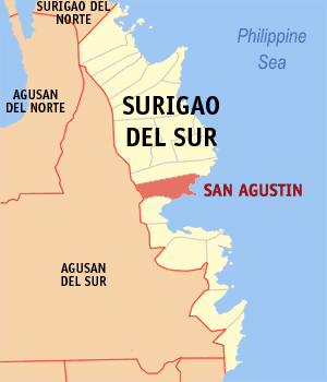 Mapa sa Surigao del Sur nga nagpakita kon asa nahimutang ang San Agustin