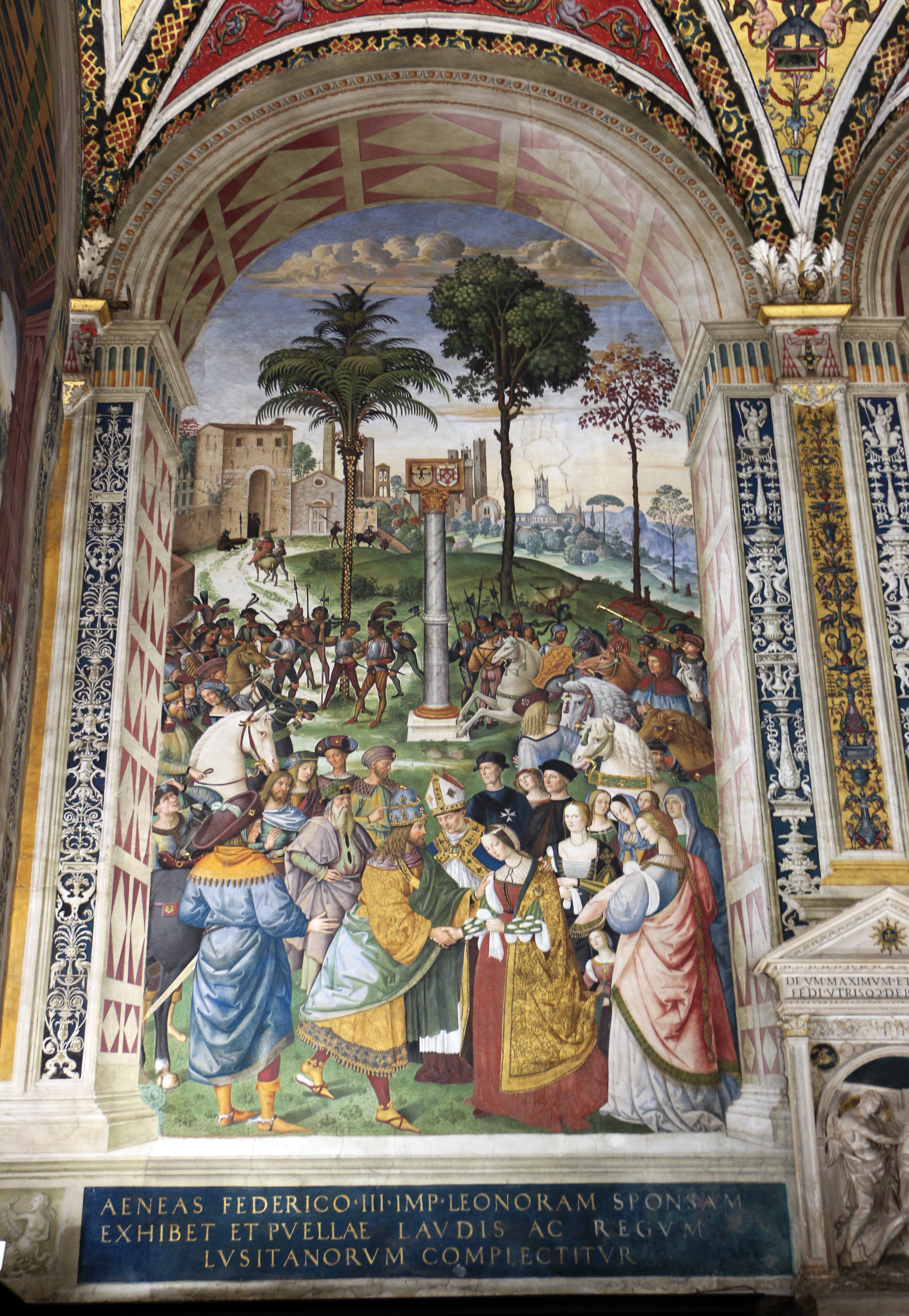 Pinturicchio, Libreria Piccolomini, Enea Silvio, vescovo di Siena, presenta Eleonora di Portogallo all'imperatore Federico III, Siena, Duomo