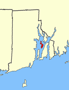 Prudence Island, shown in red, in the inner part of Narragansett Bay; the islands to the south are Conanicut and Aquidneck (formerly called Rhode Island)