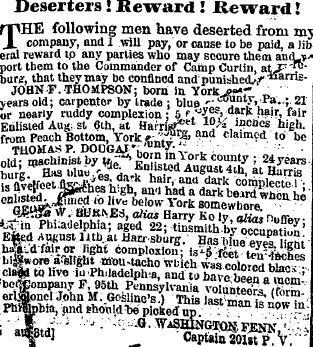 A newspaper reward notice for returning deserters from a company of the regiment Deserter reward notice 201st Pennsylvania.png