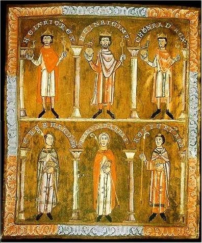 Henry and his two sons, Henry and Conrad (upper line) (from the 11th-century Evangelion of Saint Emmeram's Abbey)