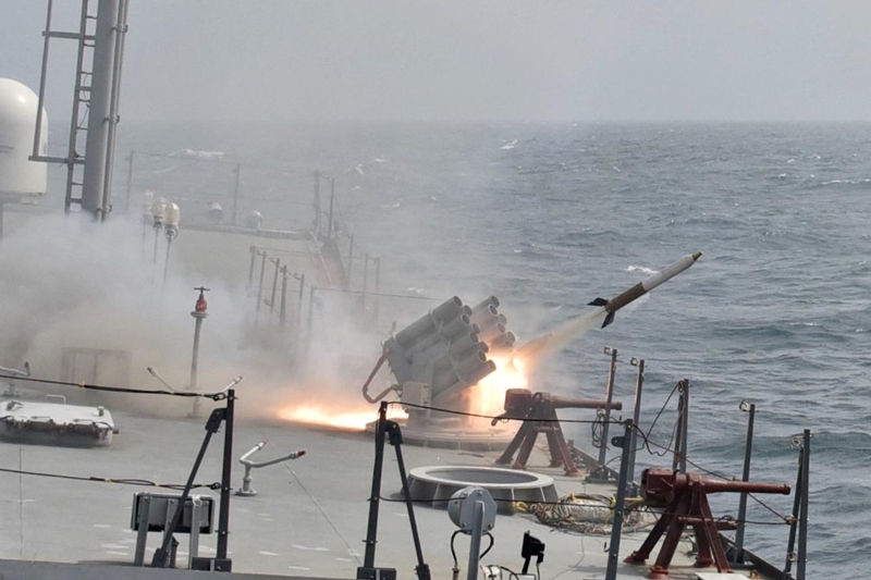 File:INS Chennai launching a Kavach Rocket from the Kavach Chaff Rocket Launcher manufactured by the Ordnance Factory Board.jpg