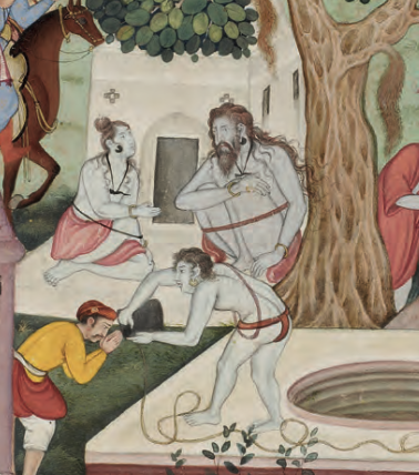 Painting of Nath yogis on Babur's 1519 visit to Gorkhatri. One yogi is using a strap to support his pose. 1590-1593